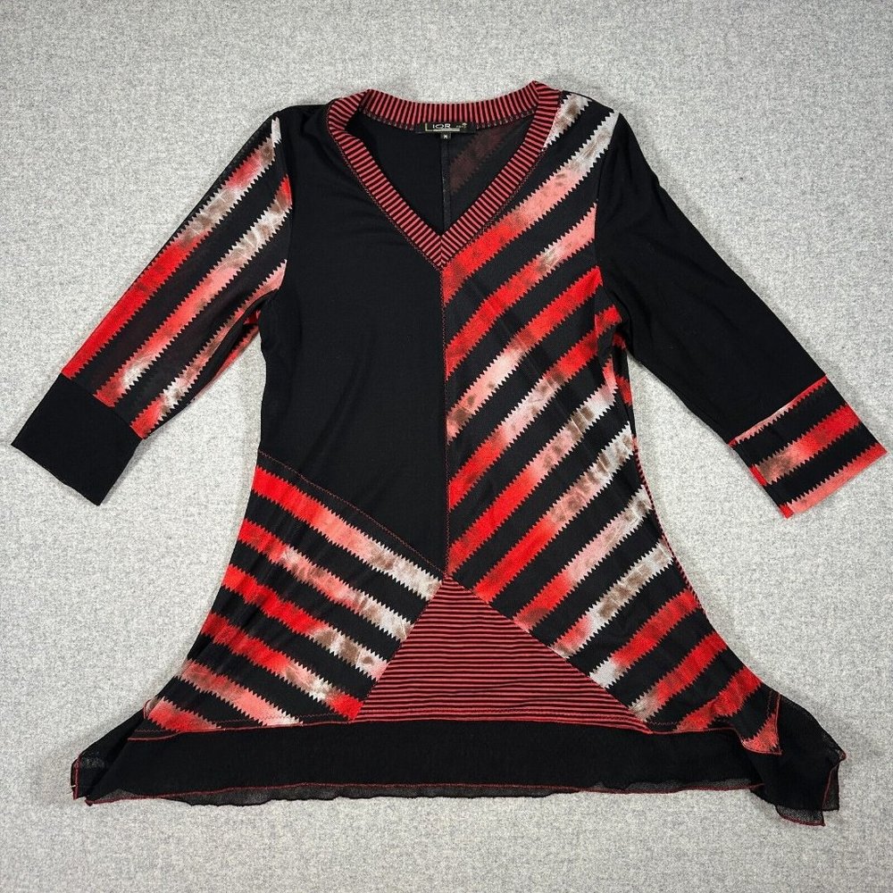 Lior Paris Medium Womens Top‎ Stretch V-Neck Tunic Red Black Striped 3/4 Sleeve